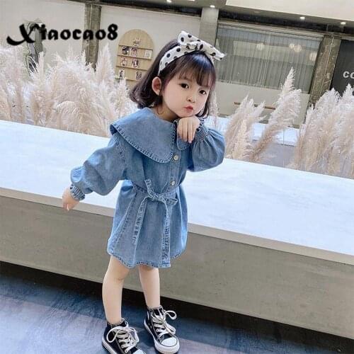 2-9Years Girls Clothes Kids Denim Long Sleeeve Princess Dress Toddler Girl Fall Clothes Button Sashaes Full Dresses for Girls 8