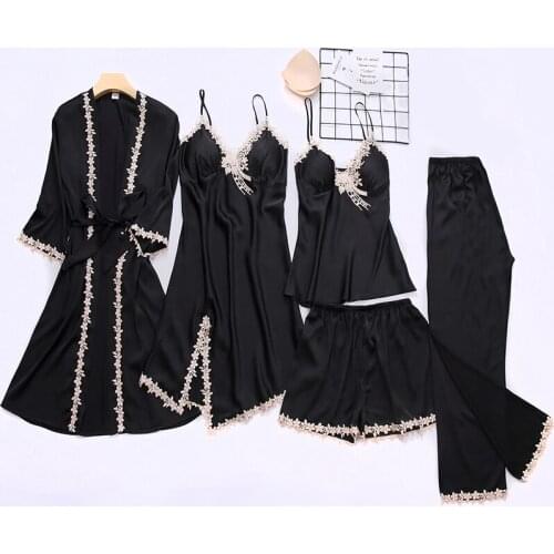 5PCS Lce Silk Pajamas Sets Women Nightwear Spring New Pijamas Sleep Suit With Chest Pads Belt Sleepwear Casual Home Clothes