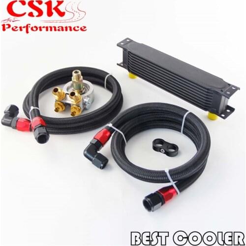 9 Row Engine Oil Cooler w/ Thermostat 80 Deg Oil Filter Adapter Kit Black