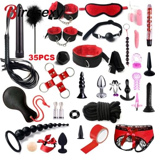 BDSM Bondage Set Fetish Slave Adult Game Hand Cuffs Ankle Cuffs Eye Patch Collars Mouth Gag Rope Whip Erotic Sex Toys For Couple