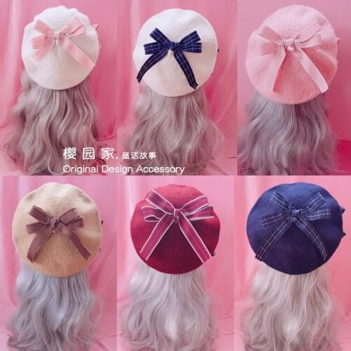 Japanese Beret Lolita Young Girl Student Sweet lovely Wild Woolen Female Soft sister Daisy Hand made Bowknot Beret College style