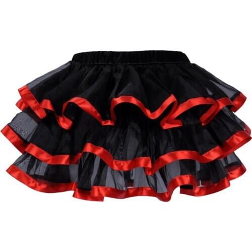 Plus Size Ruffles Layered Skirts Adult Red Ribbon Trim Black Organza Sexy Punk Tutu Skirt Women Pettiskirts