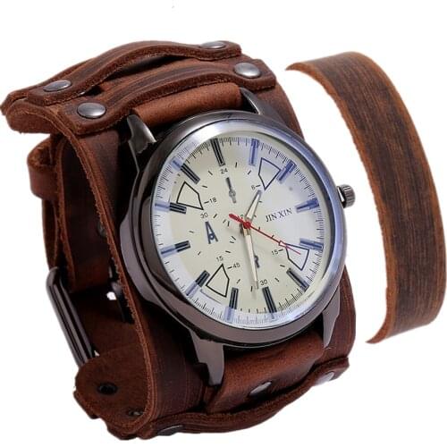 Top Luxury Mens Watch Quartz Big Dial Watches Vintage Punk Style Casual Sport Watch Men Brown Leather Strap Men Gift Set Relojes
