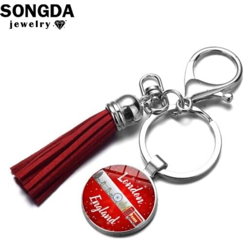 SONGDA Exquisite Old London Double Decker Bus Key Chain Car Bag Tassel Keychain Souvenir Gift for Men Women Glass Gem Key Holder