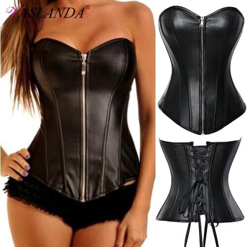 Bustiers & Corsets Faux Leather Overbust Corset Retro Goth Waist Cincher Bustier Tops Lace Up Steel Boned Steampunk Corselet