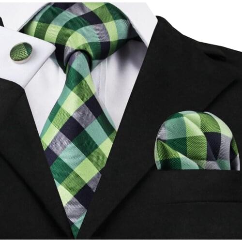 SN-406 greenyellow black white Plaid Tie Hanky Cufflinks Sets Mens 100% Silk Ties for men Formal Wedding Party Groom