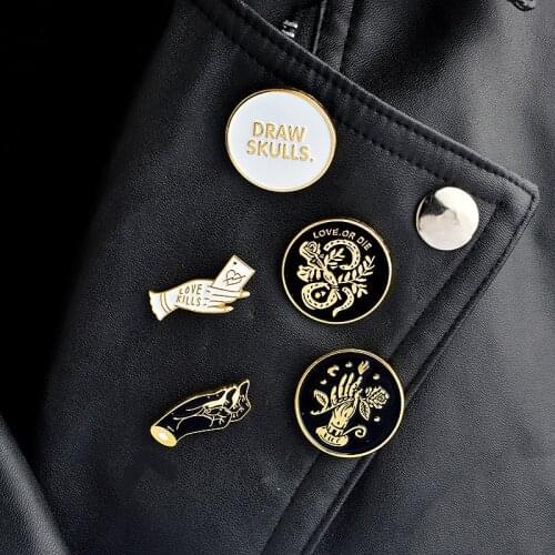 Draw Skulls Love Kills Love or Die Hands with Snake Rose Enamel Pin Brooches Badges Punk Pins Collection Jewelry Gifts Wholesale
