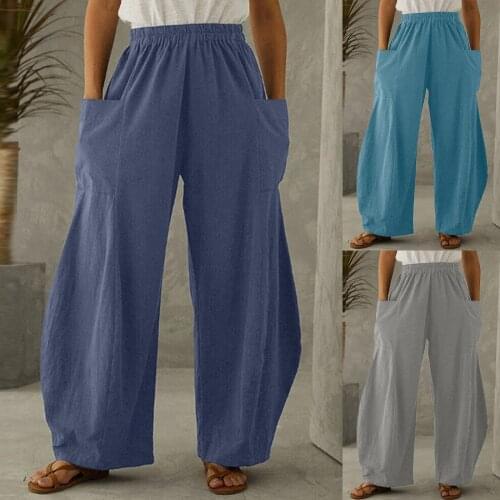 New Fashion Women Loose Pants Solid Cotton Linen Big Pockets Casual Wide Leg Pants Simple Daily Comfy Pants Штаны Женский 2021