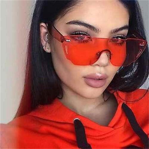 Candy Color Yellow Pink Red Sunglasses Woman Popular Fashion Shades Flat Top Rimless Sun Glasses For Women Lunette de soleil