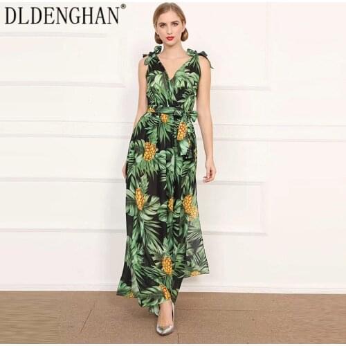 DLINGHAN Fashion Pineapple Green leaf Print Maxi Dress Women V-neck Sleeveless Split Vacation Long Dresses Designer Summer New