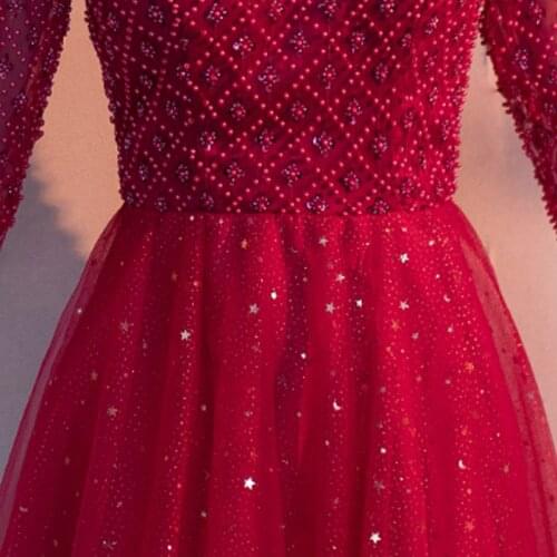 Evening Dress Elegant V-Neck Sequins A-Line Empire Half Sleeves Zipper Back Floor-Length Burgundy Woman Formal Party Gowns