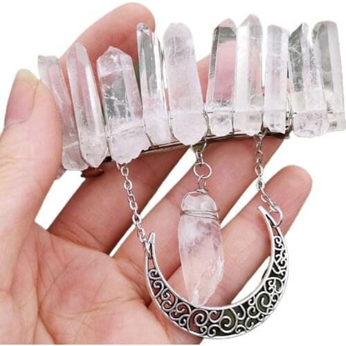 Handmade Natural Stone Spring French Hair Clip Colorful Raw Crystal Quartz Barrette Retro Metal Moon Pendant Hairgrip