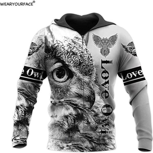 Love Owl 3D All Over Print Crewneck Zipper Hoodies Sweatshirts Outdoor Casual Vocation Sports Streetwear Unisex Men Clothing