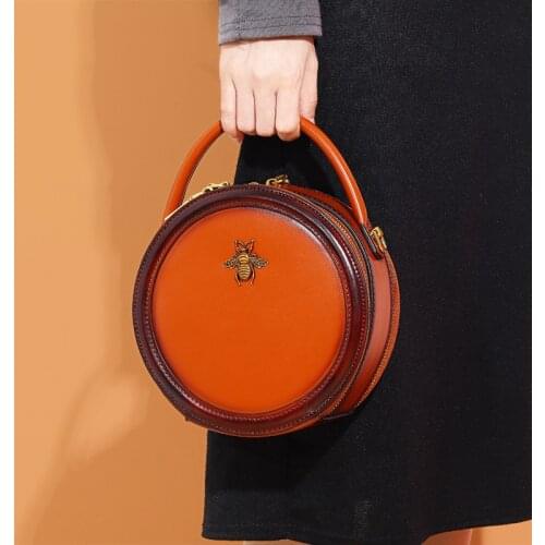 Cowhide Women Round Bag 2020 Genuine Leather Women Shoulder Bag Messenger Bag Luxury Designer Lady Handbag Retro Small Round Bag