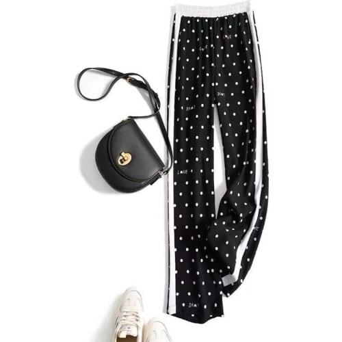 Women Summer Plus Size High Waist Wide Leg Pants Lady Casual Dot Printing Chiffon Long Pants Female Loose Clothes NewTrousers