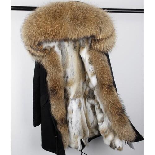 2021 Real Fur Rex Rabbit Parka ArmyGreen Long Raccoon Hooded Winter Coat Women Winter Jacket Natural Real Fur Collar Fur Liner