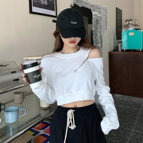 Hoodies Women Autumn 2021 crop top Sudadera Leisure long sleeve Oversize Korean zipper off shoulder sexy Loose top Sweatshirts