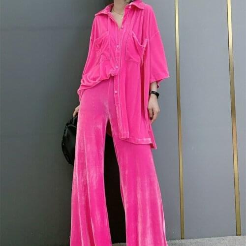 Spring summer 2 piece outfits for women gold velvet half sleeve shirt + wide leg pants fashion Womens suit