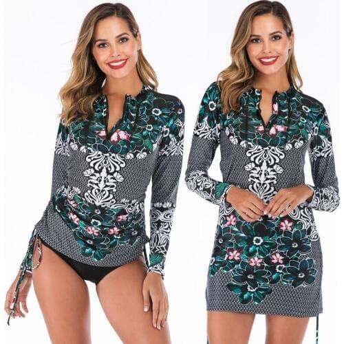 Womens Two Piece Long Sleeve Half Zip Front Surfing Rash Guard set Swimwear Padded Swimsuit Top & Bottom Side Adjustable Shirt