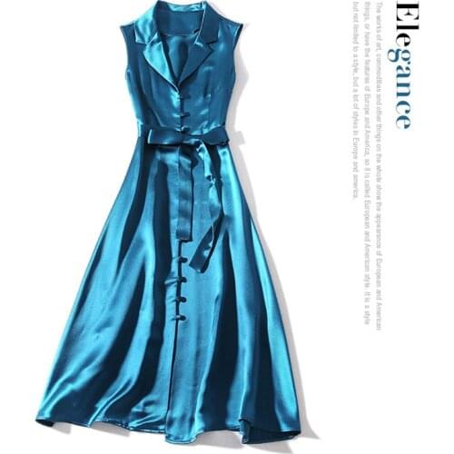 New spring and summer 19 suit brought pure color section sleeveless single-breasted waist belt long satin dress acetate