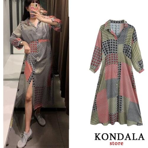 Women Dress za 2020 Vintage Floral Print V-neck Dress Long Sleeve Loose Mid-calf Autumn Dresses Female Elegant Mujer Vestidos