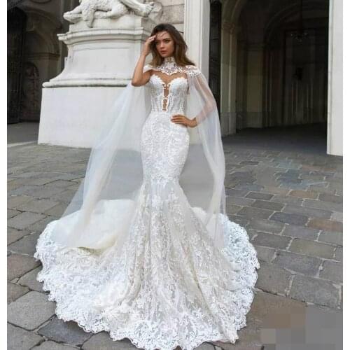 Gorgeous Mermaid Lace Wedding Dresses With Cape Sweethear Bohemian Wedding Gown Appliqued Plus Size Bridal Vestidos De Novia