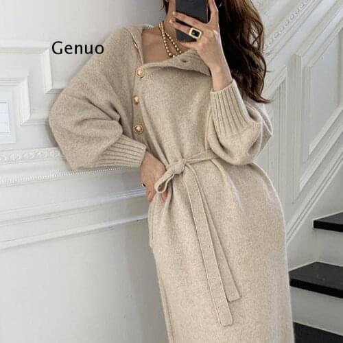 Stylish Winter Turtleneck Buttons Women Knitted Dress Elegant Full Sleeve Lace-Up Female Thicken Long Sweater Dress