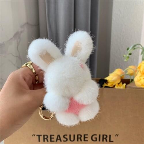 12CM Mink Bunny Cute Real Fur keychain For Women Bags Pendant Ornaments Charm Car Key Ring Gift Leather strap Metal key Chains