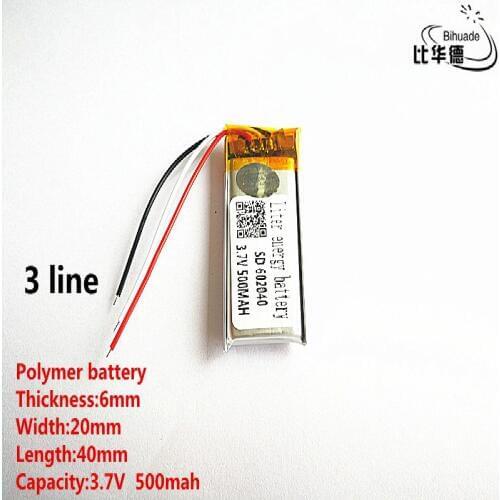5pcs/lot 3 line Good Qulity 3.7V,500mAH,602040 Polymer lithium ion / Li-ion battery for TOY,POWER BANK,GPS,mp3,mp4