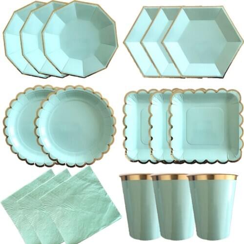 64pcs/Set Green Paper Plates Cups Napkins Wedding Deocr Adult Anniversary Birthday Party Supplies Gilding Disposable Tableware