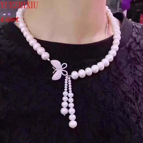 925 silver inlay zircon butterfly collarbone chain 8-9mm Fresh water pearl necklace Hand knotted luxury JEWELRY 18inch