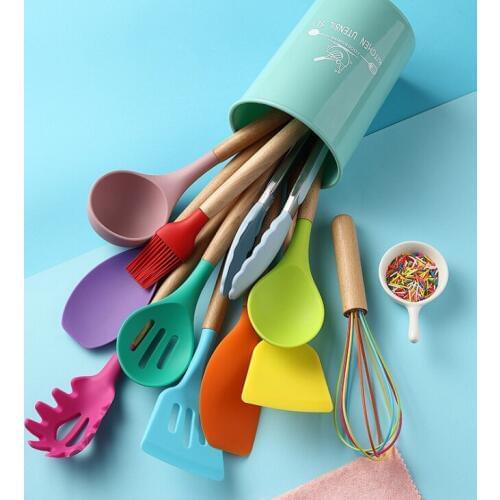 Color silicone kitchenware set non-stick cooking shovel spoon kitchenware beech handle heat resistant shovel spoon