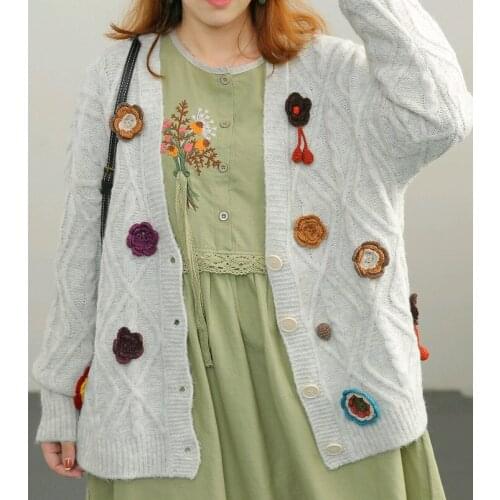 Spring Autumn Sweet Mori Girl 3D Flowers Decorative Knitted Fuzzy Cardigan Loose Casual Harajuku Sweater Women Oversize Knitwear