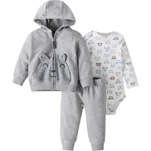 Infant 0-2Y Baby Boy 3 Pieces Sets Cartered Bear Hooded Coat+Long Sleeves Bodysuit+Pants,Baby Autumn and Winter Suit Set