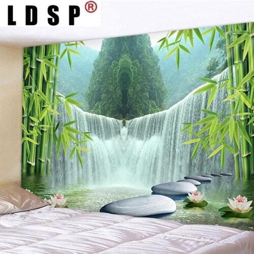 LDSP Bamboo Waterfall Pebbles Lotus Tapestry Hanging Covering Rugs Background Cloth Beach Mat Blanket Art Bedroom Home Decor