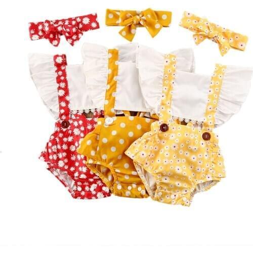 Citgeett Summer 0-24M Newborn Baby Girls Boys Jumpsuits Headband 2pcs Sunflowers Polka Dot Print Ruffles Short Sleeve Clothing