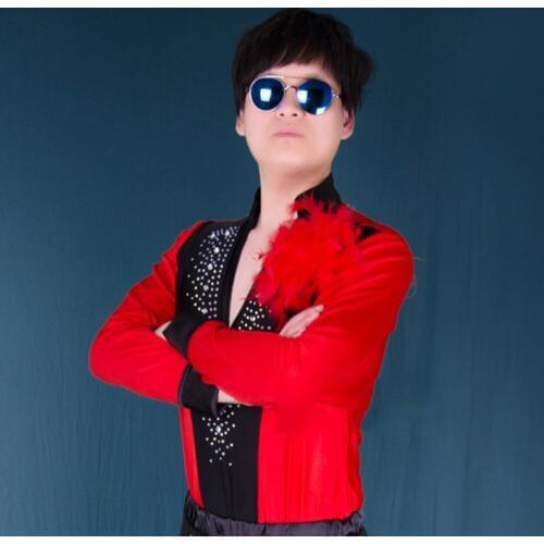 2018 Hot Men Latin Dance Top No Pants 6Colors Squin V Collar Brooch Lycra Performance Latin Dance Dress Competition De Ginastica