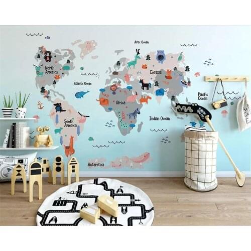 Beibehang Custom wallpaper mural hand drawn cartoon world animal map children room decoration mural background wall 3d wallpaper