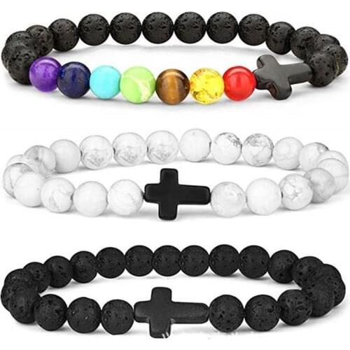 MAOKE 2021 New Seven Pulse Wheel Stone Bracelet Lapis Lazuli Tiger Eye Cross Adjustable Woven Yoga Beaded Bracelet