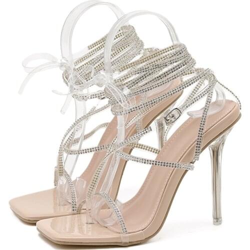 2021 New Fashion Rhinestone Clear Crystal Women Sandals Summer Ankle Cross Strap Ladies Square Toe Thong Sandals Wedding Shoe