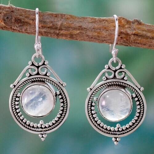 Antique Style Geometry Moonstone Drop Earrings For Women Boho Round White Opal Earrings Female Zircon Wedding Jewelry
