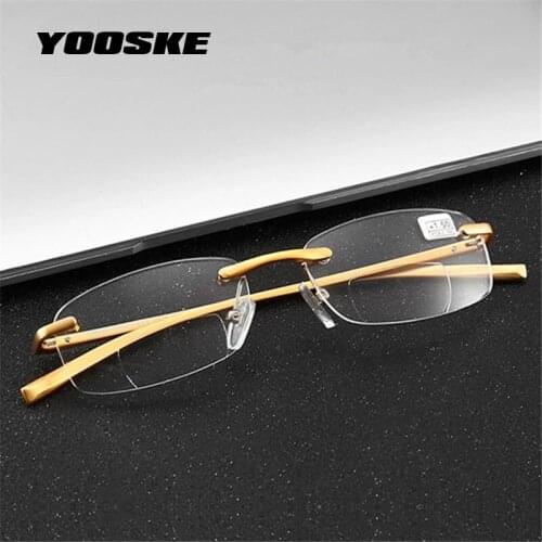YOOSKE Bifocal Reading Glasses Men Rimless Aluminum Magnesium Frame Eyeglasses Women Clear Lens Presbyopic Prescription Diopter