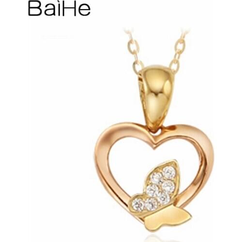 BAIHE Solid 18K Yellow Rose Gold 0.04ct Round H/SI Natural Diamond Women Wedding Gift Fine Jewelry Heart butterfly Necklaces
