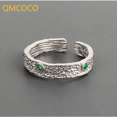 QMCOCO 925 Silver Green Zircon Matte Vintage Do Old Rings Opening Adjustable Handmade Ring Fashion Fine Jewelry Woman Party Gift