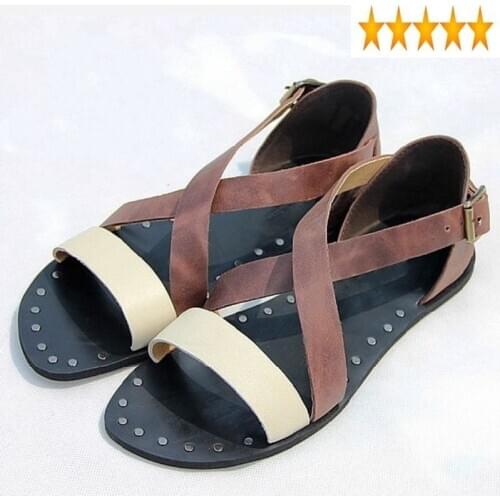 Beach Real Leather Men Runway Flat Fashion Black Rivets Rome Gladiator Sandals Open Toe Summer Casual Shoes Male