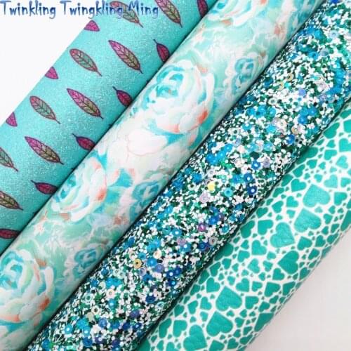 Blue Glitter Leather, Rose and Valentines Hearts Printed Synthetic Faux leather Fabric 21x29CM Twinkling Ming KM496