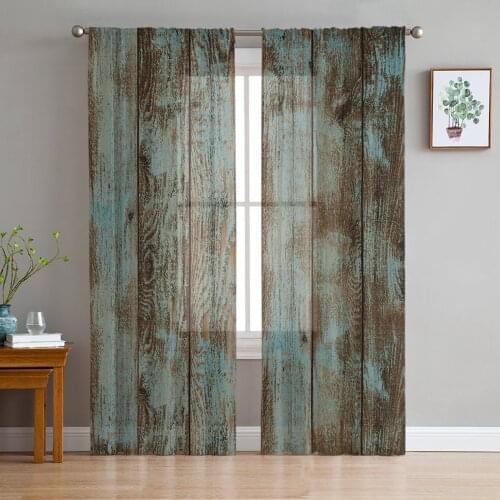 Retro Wood Grain Texture Print Sheer Window Panel Curtains Room for Living Room Bedroom Kitchen Room Chiffon Tulle Curtains