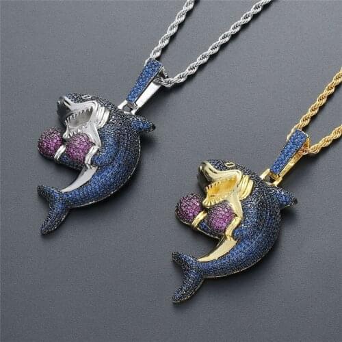 Hip Hop Stainless Steel Shark Pendant Necklace Iced Out Luxury Bling Zircon Necklace for Men Fashion Jewelry Drop Shipping