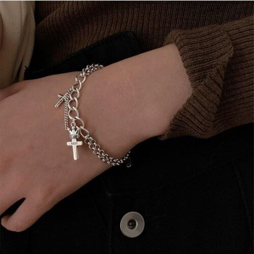 Vintage 925 Sterling Silver Double Layer Tassel Cross Crown Charm Bracelet &Bangle For Women Girls Party Jewelry SL186