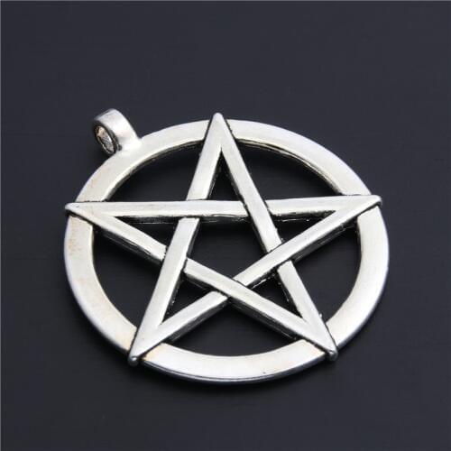 2pcs Silver Color Alloy Jewelry Pentagram Star Round Charms Pendant Metal Making Necklace Earrings Wicca Satan 45mm A2972